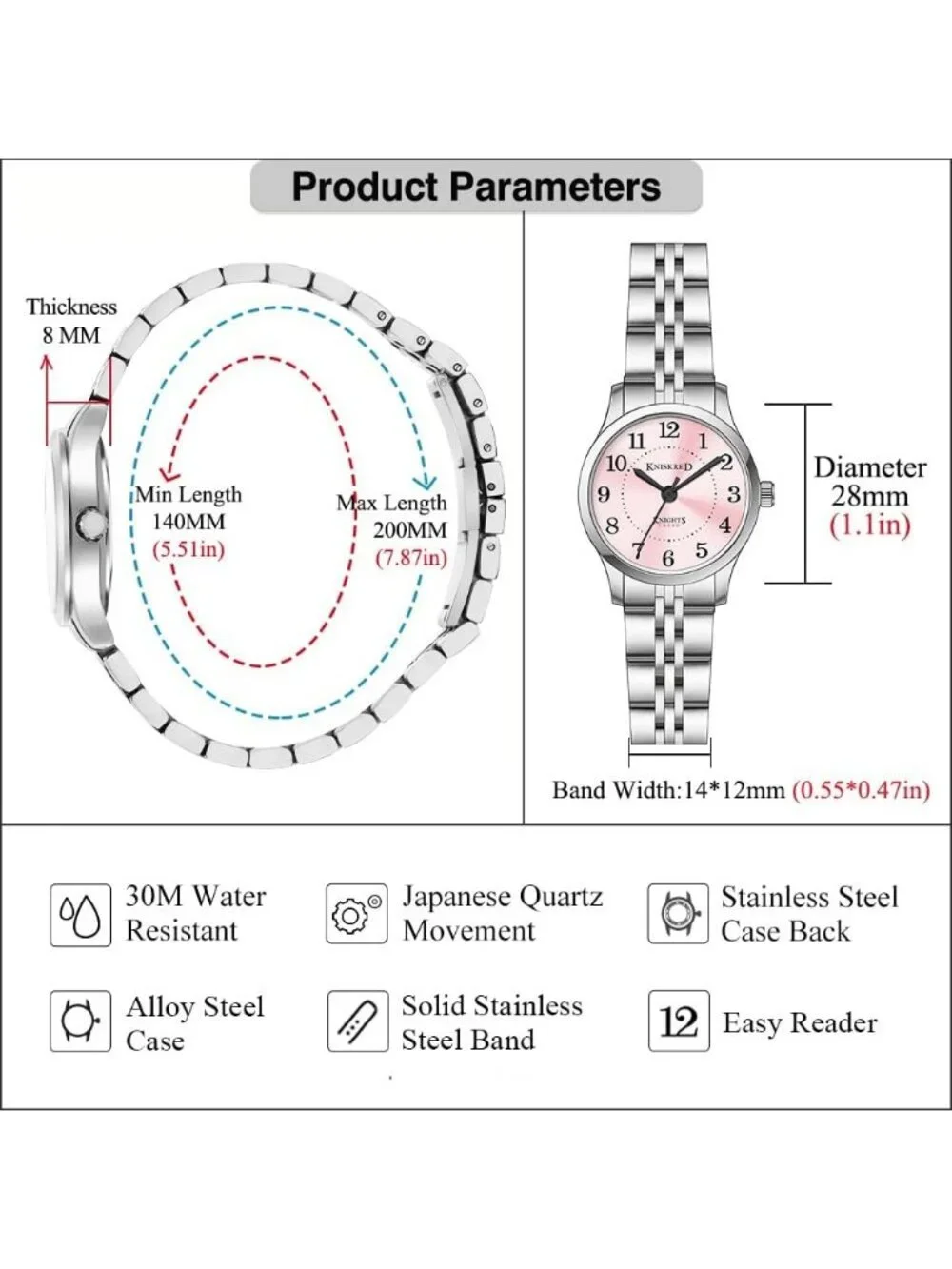 Women's Silver Pink Solid Stainless Steel Band Easy to Read Dial Wrist Watch
